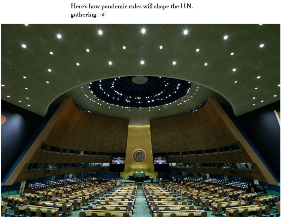 Reprodução do texto do 'New York Times' sobre as regras da Assembleia Geral da ONU - Foto: Reprodução/NY Times