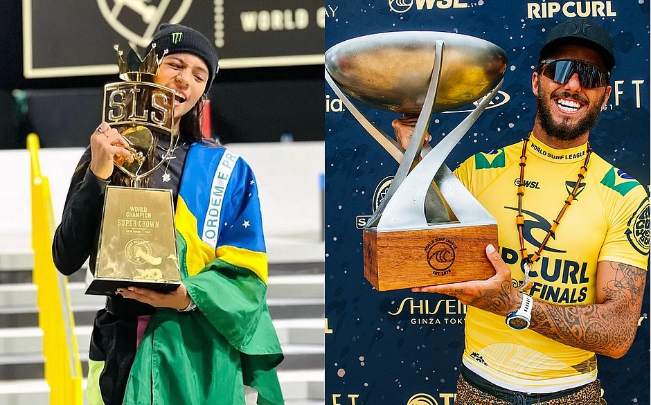Rayssa Leal foi campeã mundial do SLS, enquanto Filipe Toledo levou troféu da WSL (Reprodução/ Instagram e Thiago Diz/World Surf League)
