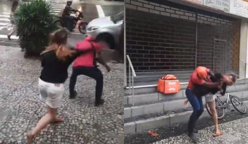 Momento em que Sandra Mathias agride entregador no Rio de Janeiro (Foto: Reprodução)