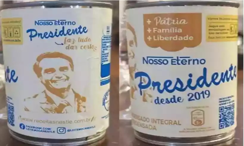 Lata de leite condensado foi alterada indevidamente para homenagear o ex-presidente Jair Bolsonaro (PL) (foto: Reprodução/Instagram)