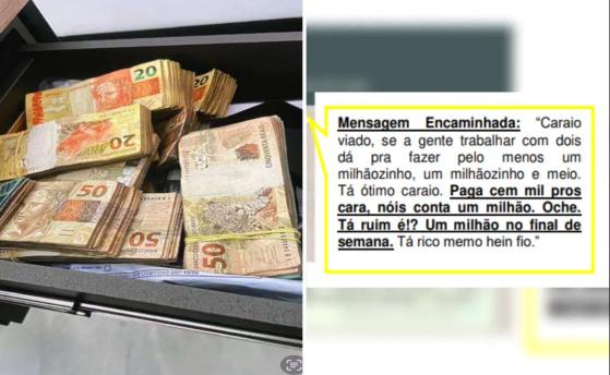 Bolada de dinheiro encontrada na galeria de fotos de Romarinho e mensagem encaminhada por Bruno Lopez - Foto: Reprodução/Ministério Público